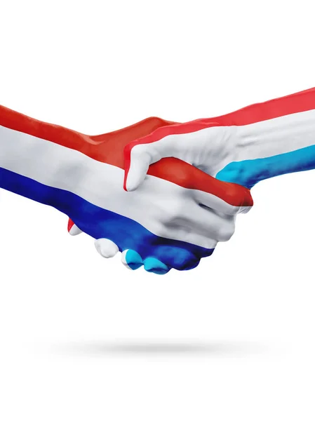 Bandeiras de Países Baixos, Luxemburgo países, o conceito de parceria amizade aperto de mão. — Fotografia de Stock