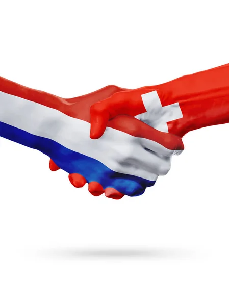 Bandeiras de Países Baixos, Suíça países, o conceito de parceria amizade aperto de mão. — Fotografia de Stock