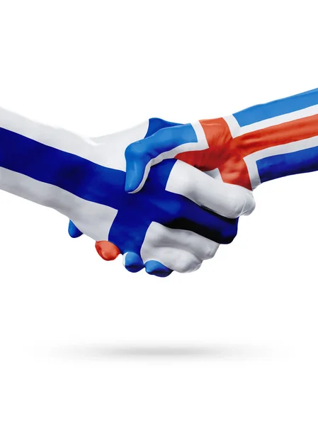 标志芬兰，冰岛国家、 伙伴关系友谊握手的概念. — 图库照片