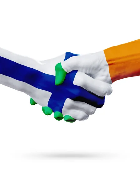Flags Finland, Ireland countries, partnership friendship handshake concept. — Stock Photo, Image