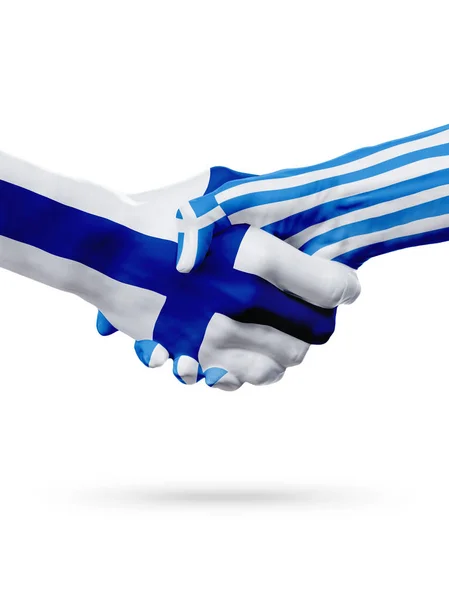Flags Finland, Greece countries, partnership friendship handshake concept. — Stock Photo, Image