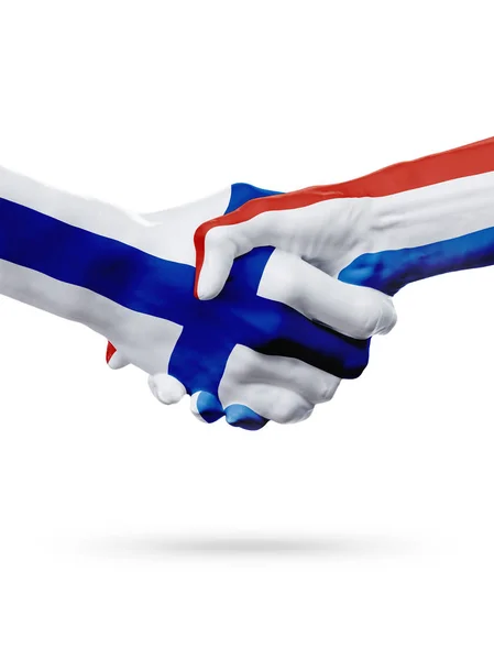 Flags Finland, Netherlands countries, partnership friendship handshake concept. — Stock Photo, Image