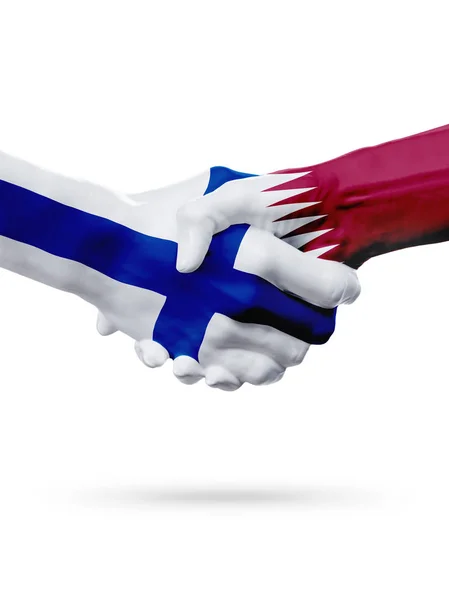 Flags Finland, Qatar countries, partnership friendship handshake concept. — Stock Photo, Image