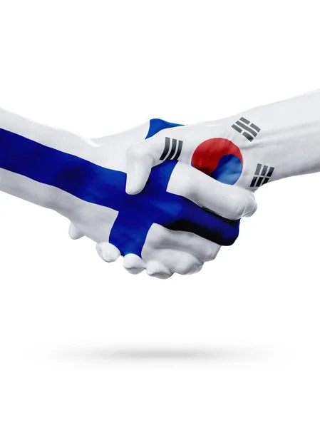 Flags Finland, South Korea countries, partnership friendship handshake concept. — Stock Photo, Image