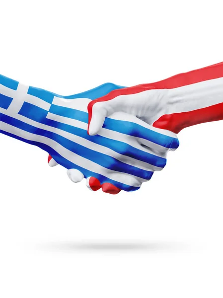 Banderas Grecia, Austria países, asociación amistad apretón de manos concepto . — Foto de Stock