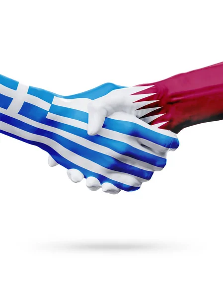 Vlaggen Griekenland, Qatar landen, partnerschap vriendschap handdruk concept. — Stockfoto