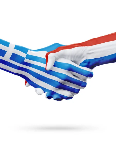 Σημαίες Ελλάδα, κάτω χώρες, η έννοια της εταιρικής σχέσης φιλίας χειραψία. — Φωτογραφία Αρχείου
