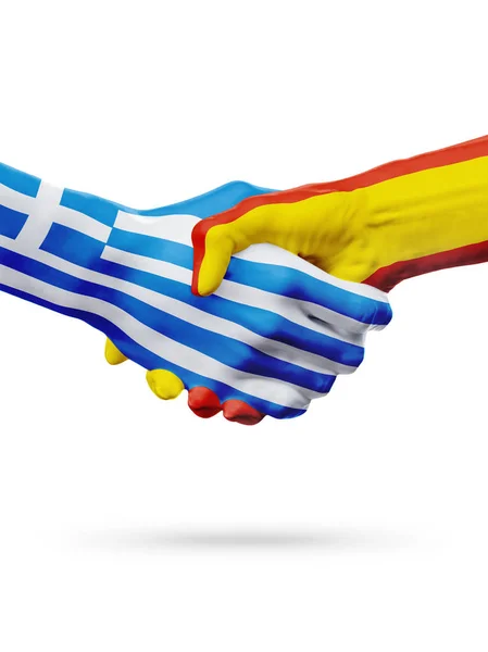 Flags Greece, Spain countries, partnership friendship handshake concept. — Stock Photo, Image