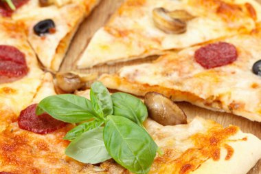 Sıcak pizza dilim peynir, mantar, salam ve kırıntıları erime ile