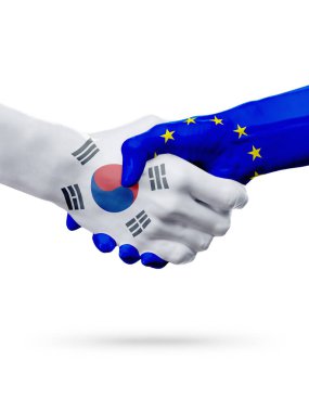 Güney Kore, Avrupa Birliği ülkeleri, ortaklık dostluk el sıkışması kavramı bayraklar.