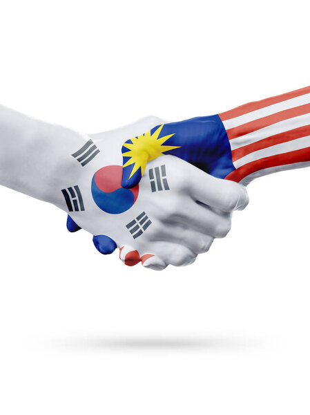 Flags South Korea, Malaysia countries, partnership friendship handshake concept.