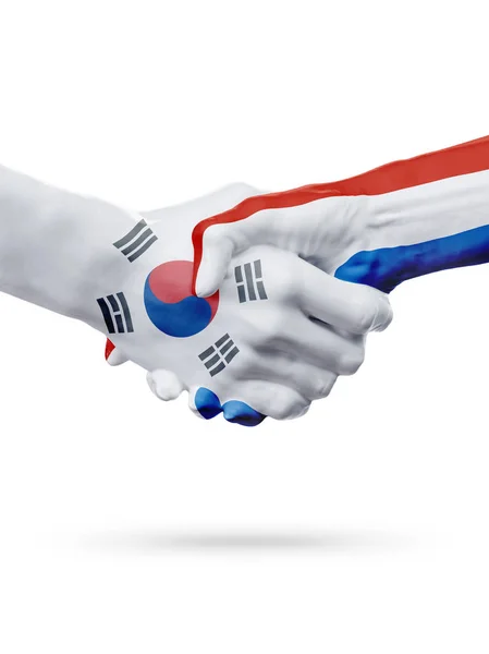 Zászlók, Dél-Korea, Hollandia-országok, a partnerségi baráti kézfogás koncepciója. — Stock Fotó