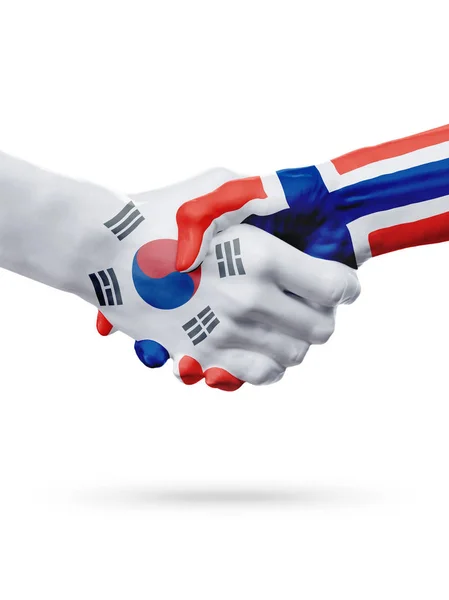 한국, 노르웨이 국가, 파트너십 우정 핸드셰이크 개념 플래그. — 스톡 사진