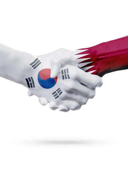 Zászlók, Dél-Korea, Katar-országok, a partnerségi baráti kézfogás koncepciója. — Stock Fotó