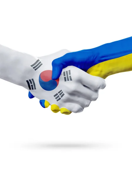 한국, 우크라이나 국가, 파트너십 우정 핸드셰이크 개념 플래그. — 스톡 사진