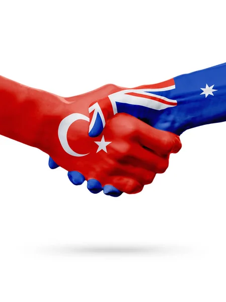 Zászlók a Török Köztársaság, Ausztrália-országok, a partnerségi baráti kézfogás koncepciója. — Stock Fotó