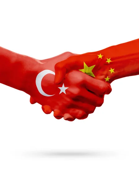 Bandeiras República da Turquia, China países, parceria amizade handshake conceito . — Fotografia de Stock