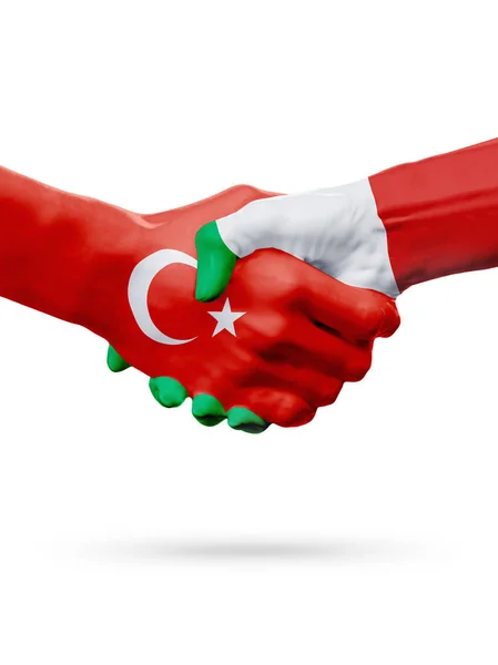 Vlaggen van de Republiek Turkije, de landen Italië, partnerschap vriendschap handdruk concept. — Stockfoto