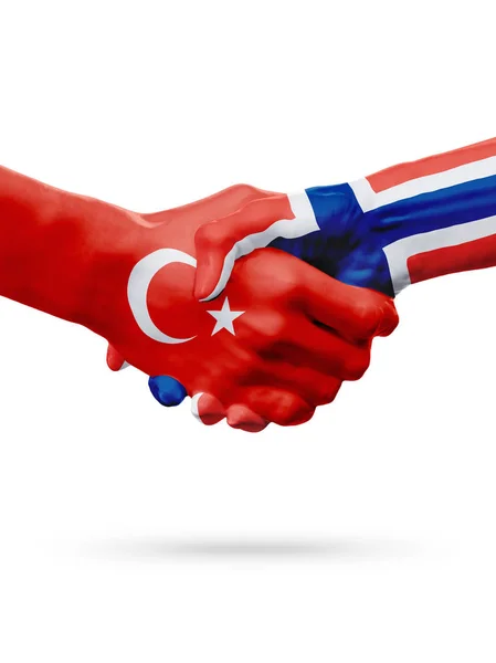 Vlaggen van de Republiek Turkije, de landen Noorwegen, partnerschap vriendschap handdruk concept. — Stockfoto