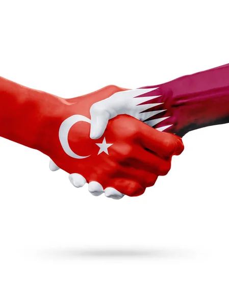 Zászlók a Török Köztársaság, Katar-országok, a partnerségi baráti kézfogás koncepciója. — Stock Fotó