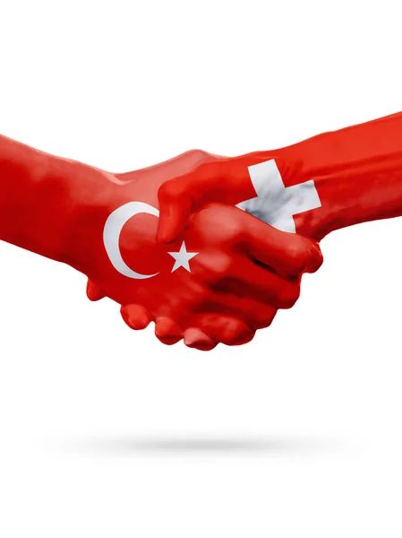 Bendera Republik Turki, negara Swiss, persahabatan kemitraan konsep jabat tangan . — Stok Foto