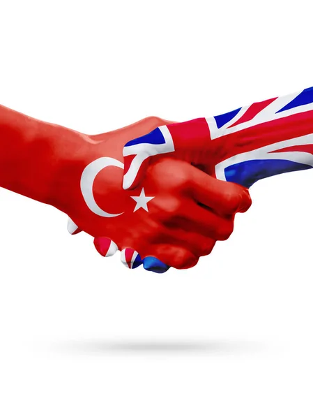 Bendera Republik Turki, negara-negara Inggris, persahabatan kemitraan konsep jabat tangan . — Stok Foto