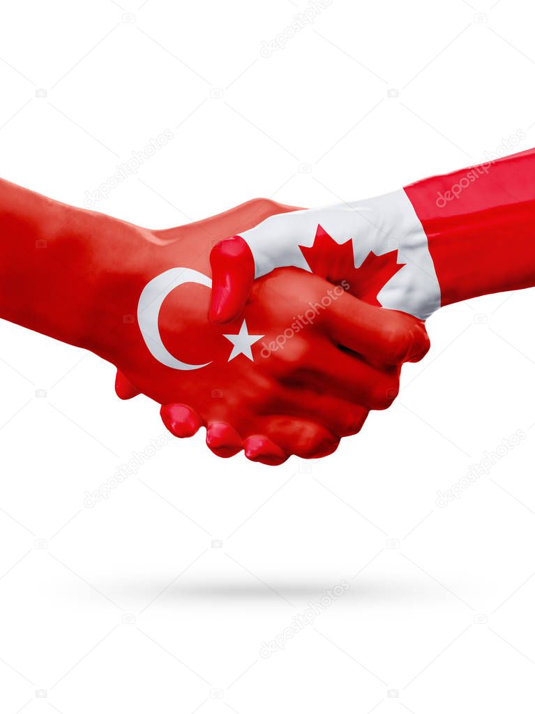 Flags Republic of Turkey, Canada countries, partnership friendship handshake concept.