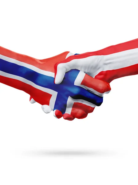 Norveç, Avusturya ülkeler, ortaklık dostluk el sıkışması kavramı bayraklar. — Stok fotoğraf