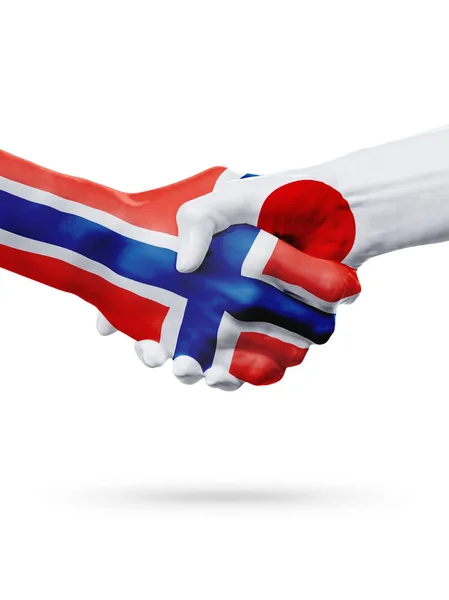 Norveç, Japonya ülkelerde, ortaklık dostluk el sıkışması kavramı bayraklar. — Stok fotoğraf