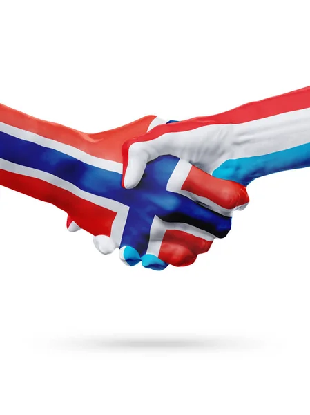 Norveç, Lüksemburg ülkeler, ortaklık dostluk el sıkışması kavramı bayraklar. — Stok fotoğraf