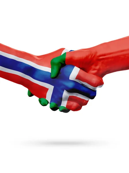 Norveç, Portekiz ülkeler, ortaklık dostluk el sıkışması kavramı bayraklar. — Stok fotoğraf