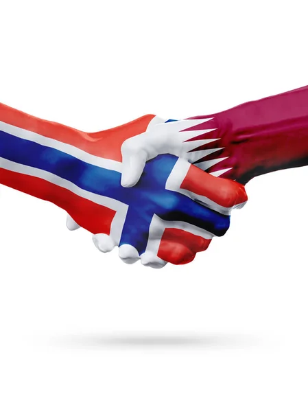 Norveç, Katar ülkeler, ortaklık dostluk el sıkışması kavramı bayraklar. — Stok fotoğraf