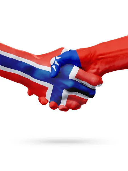 Norveç, Tayvan ülkeler, ortaklık dostluk el sıkışması kavramı bayraklar. — Stok fotoğraf
