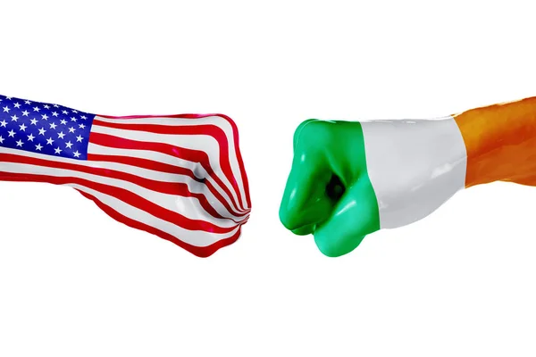 USA und Irland Flagge. Konzeptkampf, geschäftlicher Wettbewerb, Konflikt oder Sportereignisse — Stockfoto