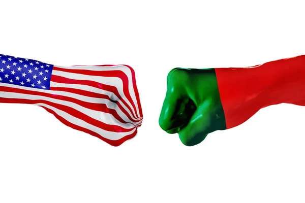 USA und portugiesische Flagge. Konzeptkampf, geschäftlicher Wettbewerb, Konflikt oder Sportereignisse — Stockfoto