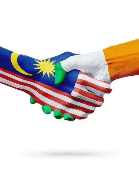 Flags Malaysia, Ireland countries, partnership friendship handshake concept. — Stock Photo, Image