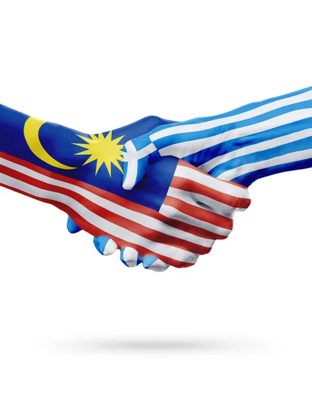 말레이시아, 그리스 국가, 파트너십 우정 핸드셰이크 개념 플래그. — 스톡 사진