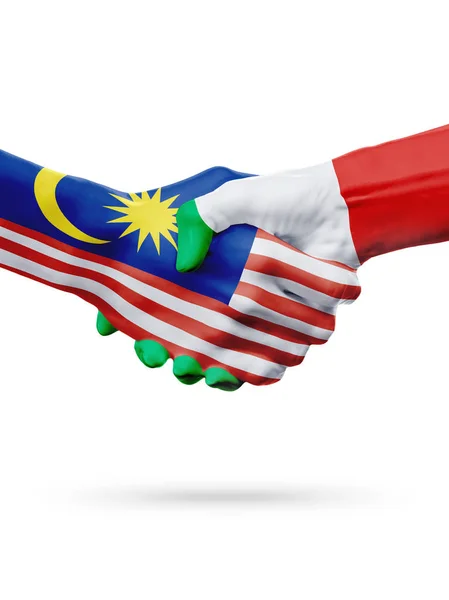 Banderas Malasia, Italia países, asociación amistad apretón de manos concepto . — Foto de Stock