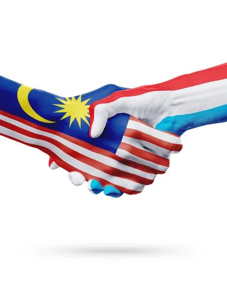 Banderas Malasia, Países de Luxemburgo, asociación amistad apretón de manos concepto . — Foto de Stock