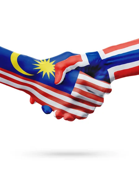 标志马来西亚，挪威国家、 伙伴关系友谊握手的概念. — 图库照片