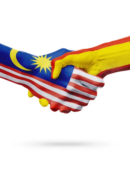 マレーシア、スペイン国、友好握手なパートナーシップの概念をフラグします。. — ストック写真