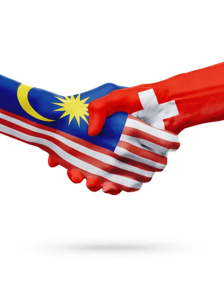 标志马来西亚，瑞士国家、 伙伴关系友谊握手的概念. — 图库照片