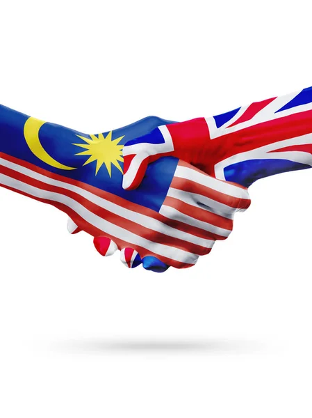 Banderas Malasia, Reino Unido, asociación amistad apretón de manos concepto . — Foto de Stock