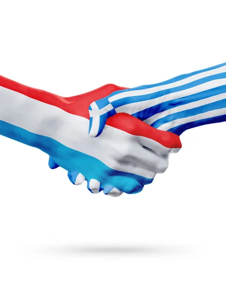 Vlaggen Luxemburg, Griekenland landen, partnerschap vriendschap handdruk concept. — Stockfoto