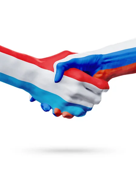 Bandeiras Luxemburgo, Rússia países, parceria amizade handshake conceito . — Fotografia de Stock