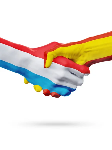 Příznaky Lucembursko, Španělsko zemí, koncept partnerství handshake přátelství. — Stock fotografie