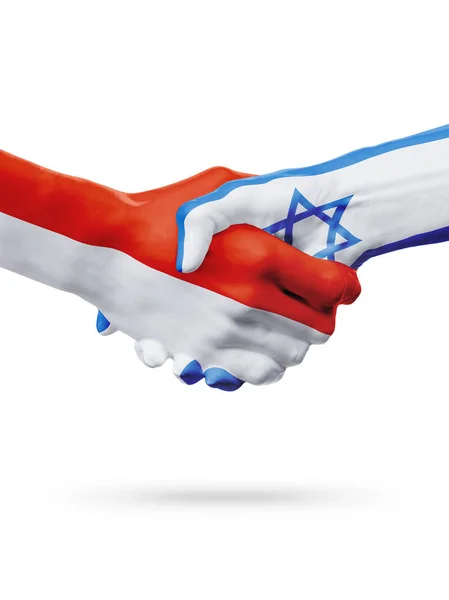 Bandeiras Mônaco, Israel países, parceria amizade handshake conceito . — Fotografia de Stock