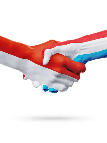 Flaggor Monaco, Luxemburg länder, partnerskap vänskap handslag koncept. — Stockfoto