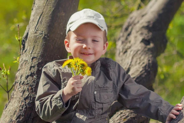 日当たりの良い夏の日にタンポポの花を持つ子供。庭で遊ぶ子供. — ストック写真