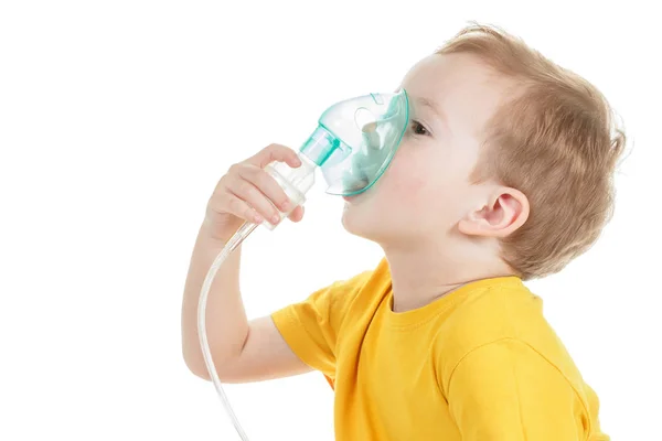 Caucasian child holding oxygen or inhaler mark isolated on white. — Stock Photo, Image